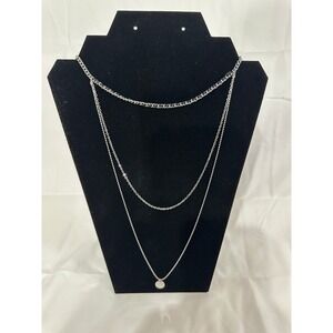 Carisma Silver Tone 3 Layered Necklace Black Ribbon Curb Ball Chain NY7035 RBK
